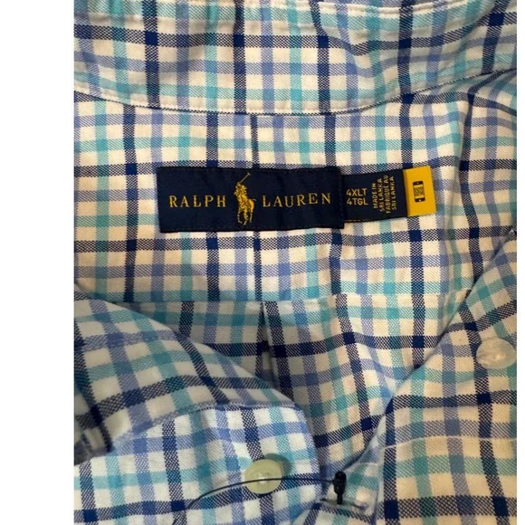 🤑Ralph Lauren Mens🚨4XLT Plaid Button Down Shirt Blue Teal Long Sleeve $110